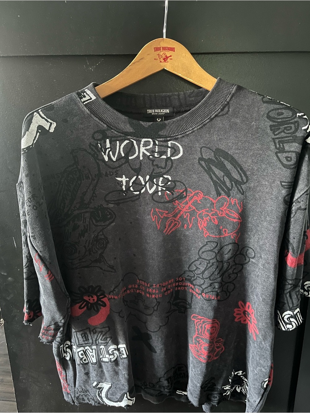 True Religion Black Crewneck with Red & White Graphic Accents
